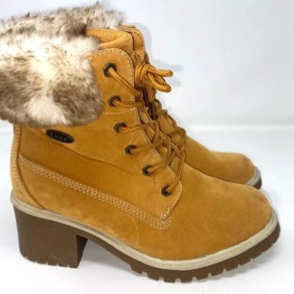 Lugz women's Clove Block Heeled Ankle Bootie Faux Fur Fashion Boot Golden Size 9 - Picture 1 of 7